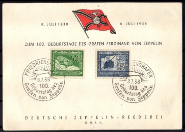 Erinnerungskarte zum 100. Geburtstag von Ferdinand von Zeppelin 8.7.1938.