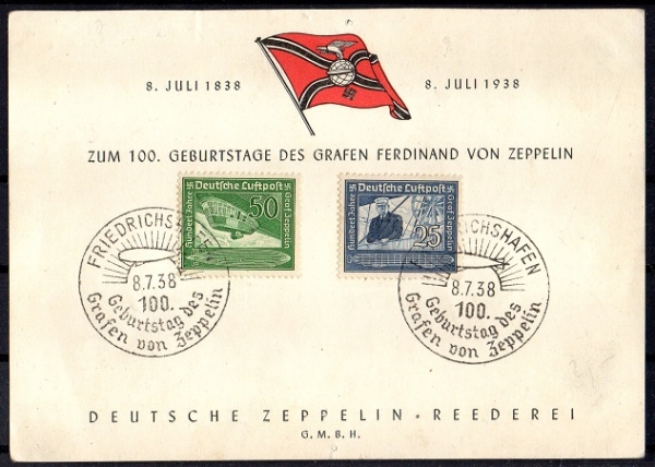 Erinnerungskarte zum 100. Geburtstag von Ferdinand von Zeppelin 8.7.1938.